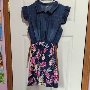 Girls' Navy Denim-Top Floral Skater Dress with Belt